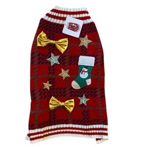 Dog Holiday Sweater Red w/ Gold Bows  - Size Small 13” NWT Dog Christmas…